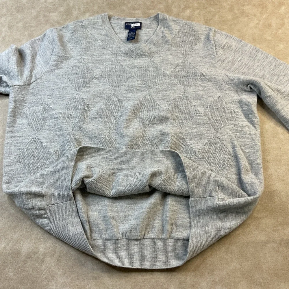 Banana Republic Sweater Men Sz 2XL 100% Merino Wool Argyle Detail Pullover Grey